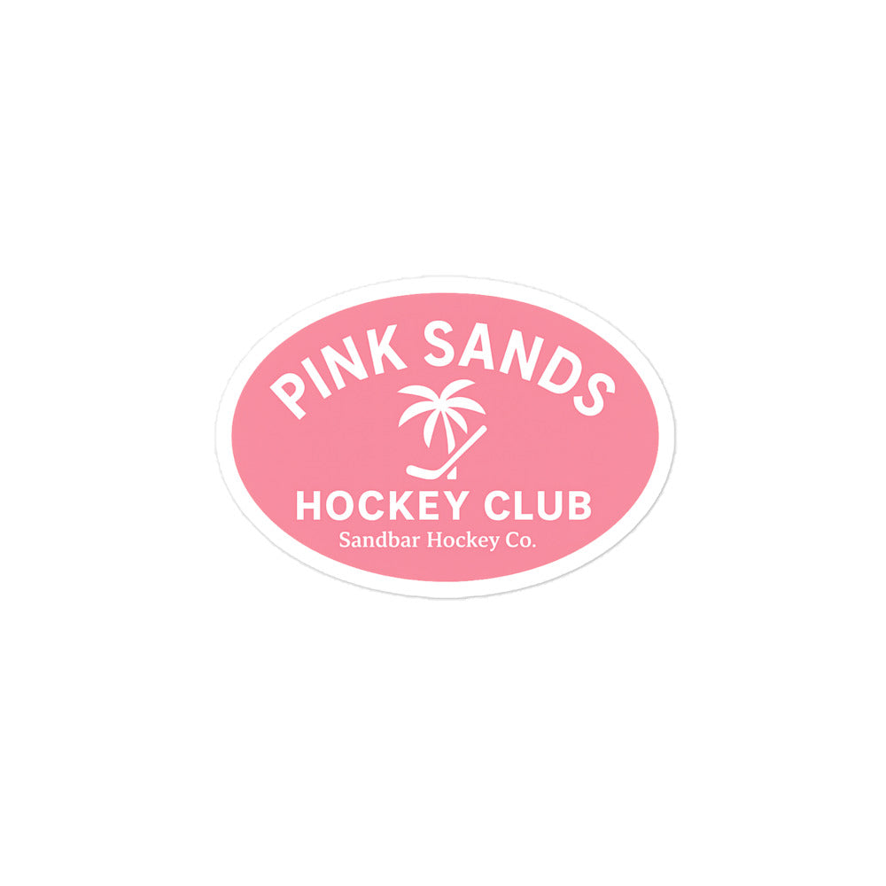 Medium Pink Sands Hockey Club sticker with a pink oval logo, white lettering, palm tree, hockey stick, and Sandbar Hockey Co. text.