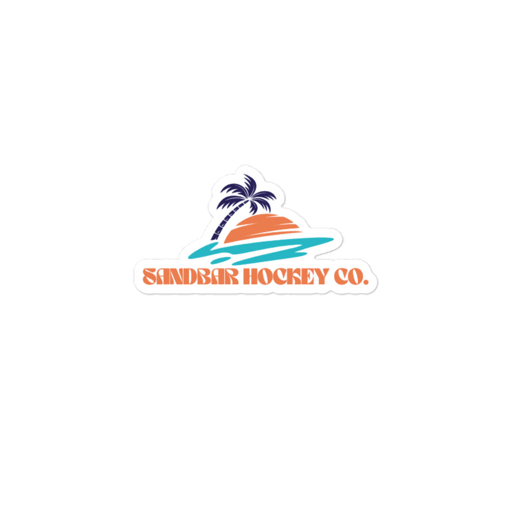 Medium Sandbar Hockey Co. sticker with a palm tree, sunset, teal ocean waves, and orange retro-style logo text.