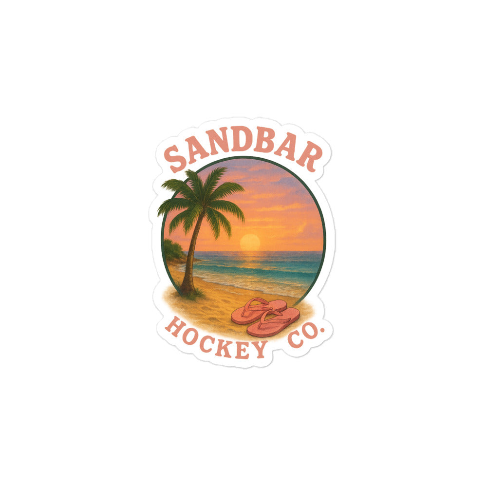 Medium Sandbar Hockey Co. sticker with a palm tree, sunset, teal ocean waves, and orange retro-style logo text.