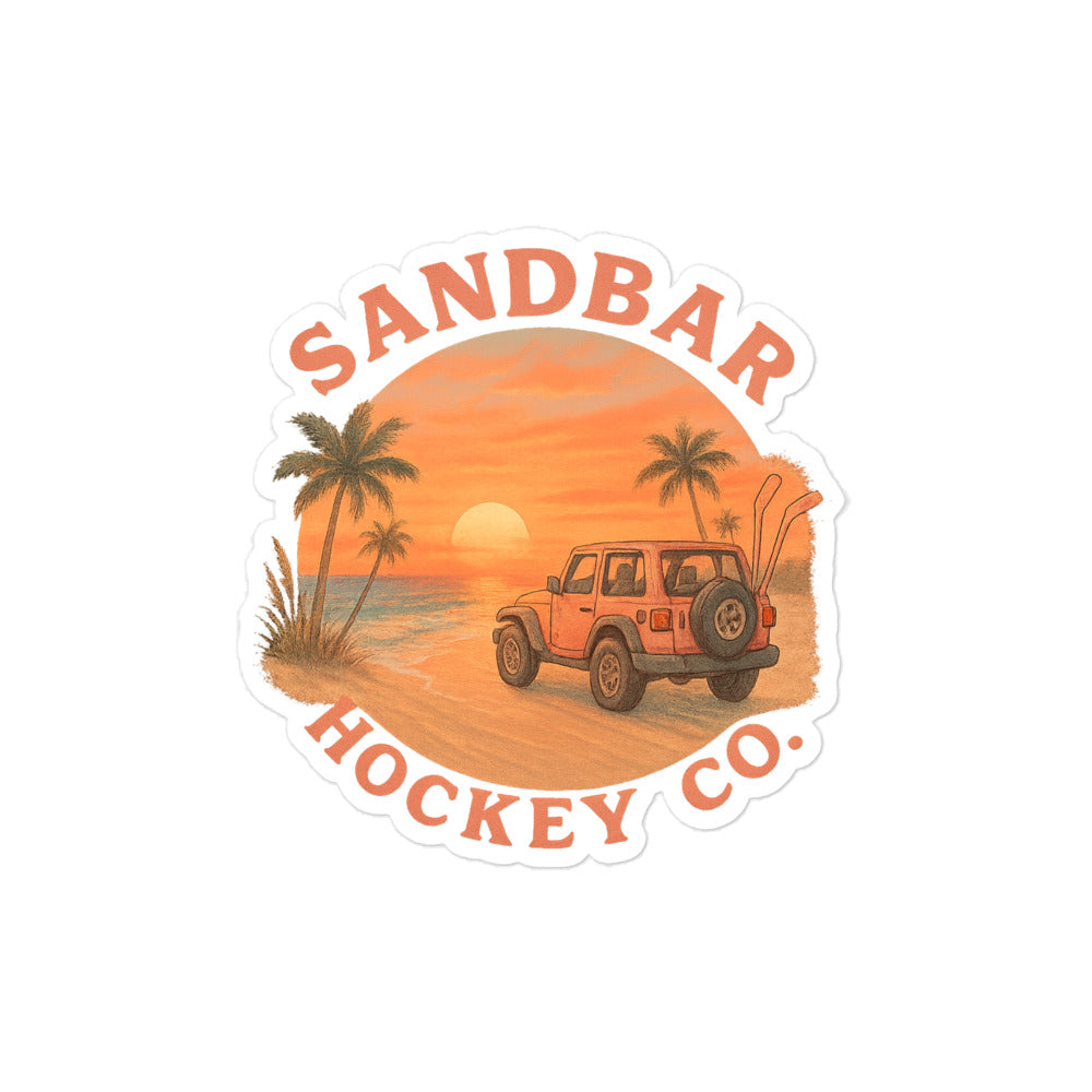Medium Sandbar Hockey Co. sticker with a sunset beach scene, palm trees, ocean, off-road vehicle, surfboards, and curved logo text.