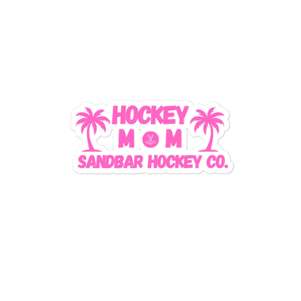 Medium Pink Hockey Mom Sandbar Hockey Co. sticker featuring palm trees, hockey-inspired details, and bold coastal-style lettering.
