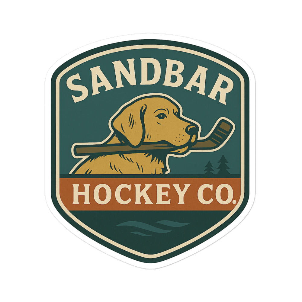 Large Hockey sticker featuring a dog holding a hockey stick in its mouth with “Sandbar Hockey Co.” text