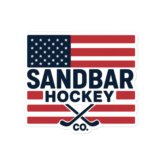 Large Hockey sticker featuring a USA flag design with Sandbar Hockey Co. text and crossed hockey sticks