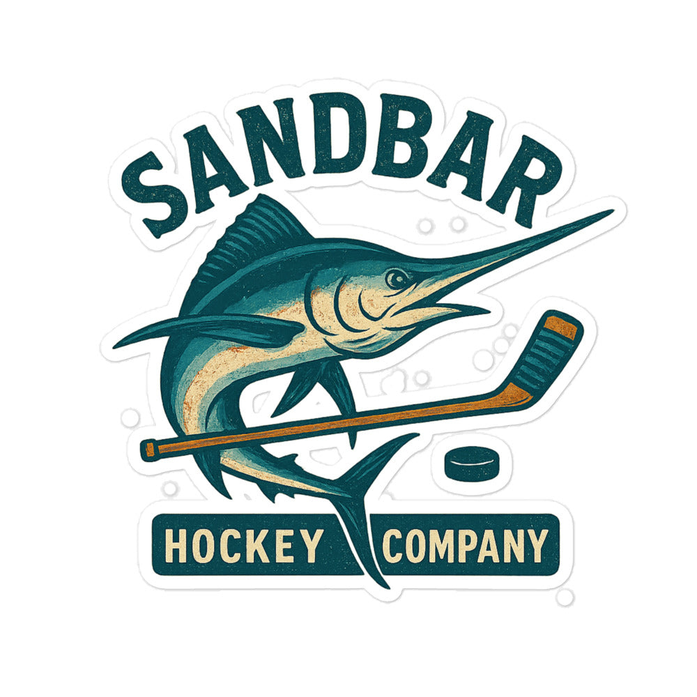 Large Sandbar Hockey Company sticker featuring a marlin fish with a hockey stick and puck and the words Sandbar Hockey Company.