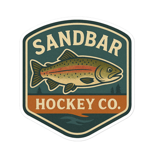 Large Sandbar Hockey Co. sticker with a badge-style design featuring a fish, outdoor background, and the words Sandbar Hockey Co.