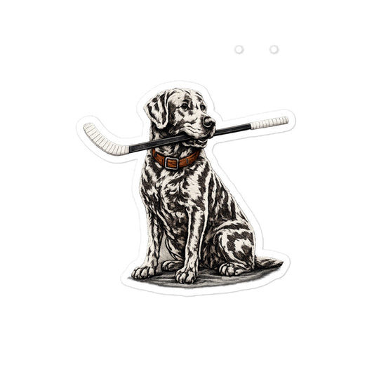 Large Hockey dog sticker featuring a detailed dog sitting with a hockey stick in its mouth.