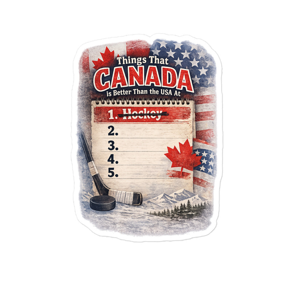 Large Funny Canada hockey sticker with a notepad design, hockey stick and puck, maple leaf, and patriotic flag background.