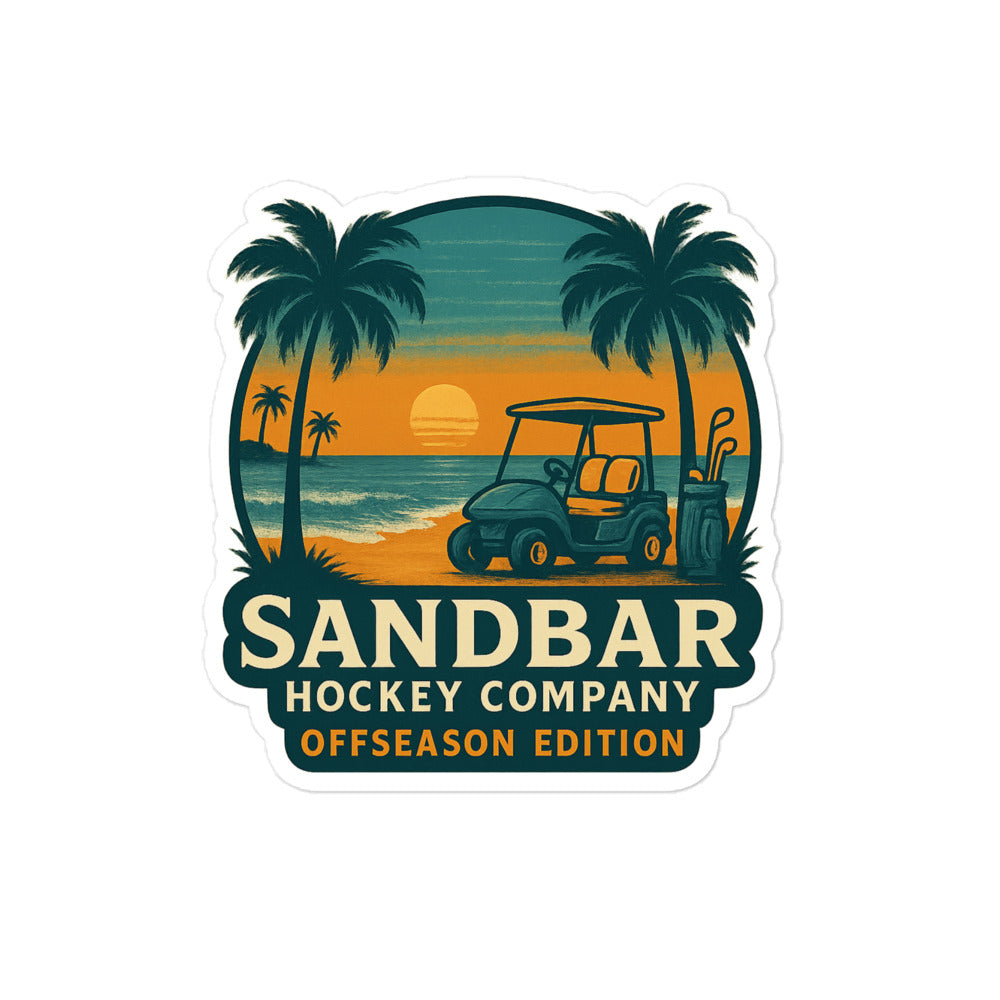 Large Sandbar Hockey Company Offseason Edition sticker with a sunset beach scene, palm trees, water, golf cart, and bold logo text.