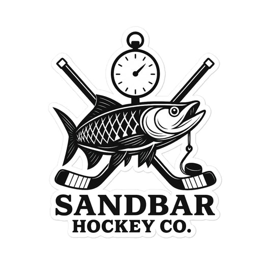 Large Sandbar Hockey Co. sticker with a fish logo, crossed hockey sticks, a puck, a stopwatch, and the words Sandbar Hockey Co.