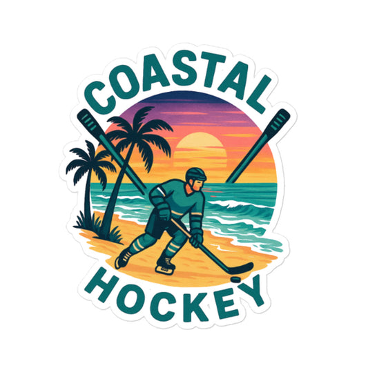 Large Coastal Hockey sticker with a hockey player on a beach, palm trees, ocean waves, crossed sticks, and a colorful sunset background.