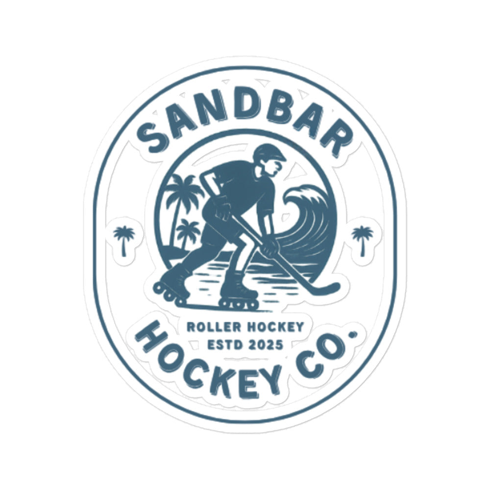 Large Sandbar Hockey Co. roller hockey sticker with a circular logo featuring a roller hockey player, palm trees, ocean wave, and the words Sandbar Hockey Co.