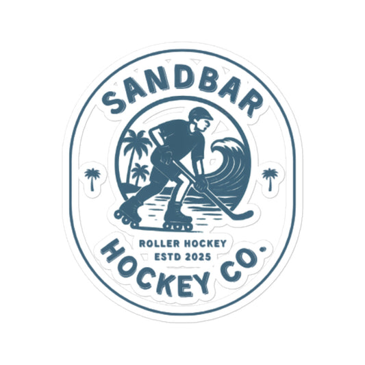 Large Sandbar Hockey Co. roller hockey sticker with a circular logo featuring a roller hockey player, palm trees, ocean wave, and the words Sandbar Hockey Co.