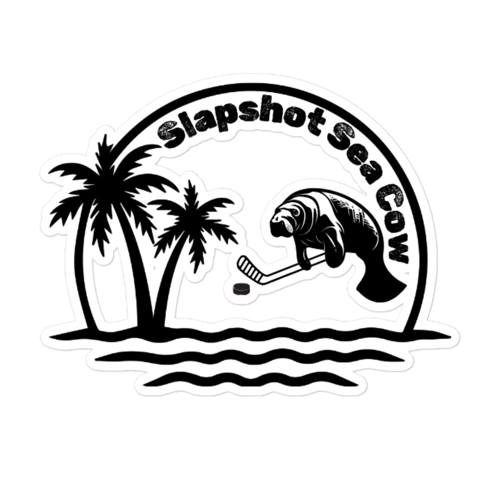 Large Slapshot Sea Cow sticker with a sea cow holding a hockey stick, palm trees, ocean waves, and curved Slapshot Sea Cow text.