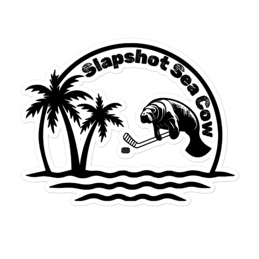 Large Slapshot Sea Cow sticker with a sea cow holding a hockey stick, palm trees, ocean waves, and curved Slapshot Sea Cow text.