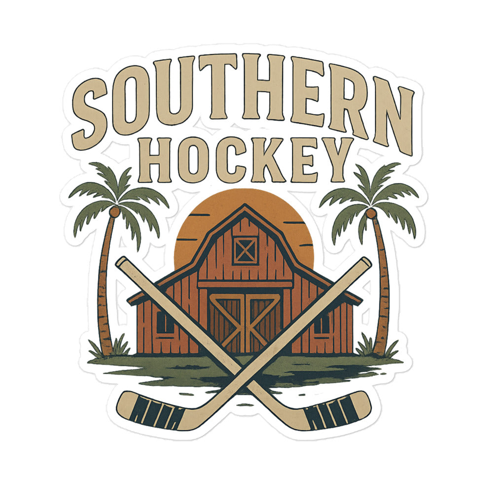 Large Southern Hockey sticker with bold text, crossed hockey sticks, palm trees, sunset, and a barn-inspired design.