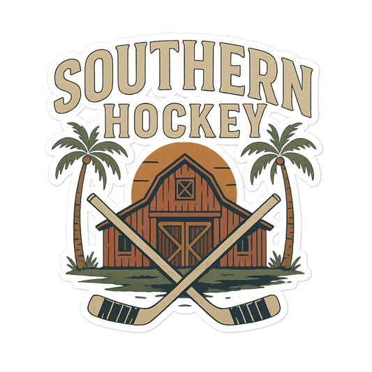 Large Southern Hockey sticker with bold text, crossed hockey sticks, palm trees, sunset, and a barn-inspired design.