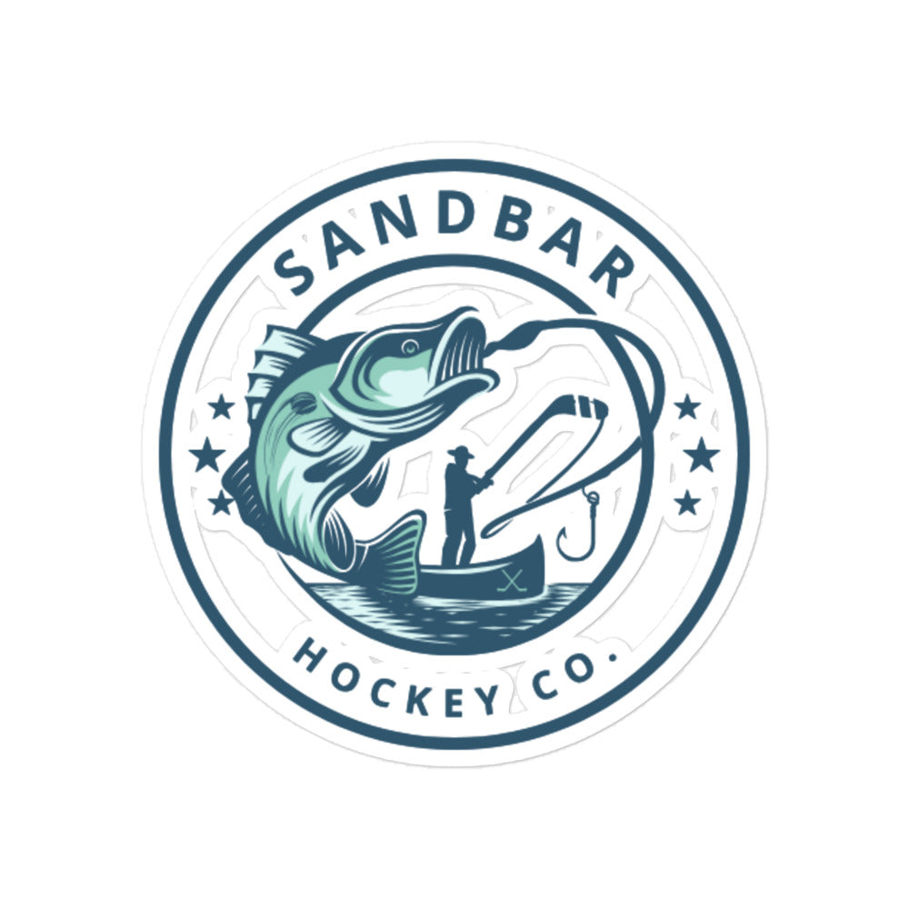 Large Sandbar Hockey Co. fishing sticker with a circular logo featuring a large fish, fisherman in a boat, fishing line, and stars.