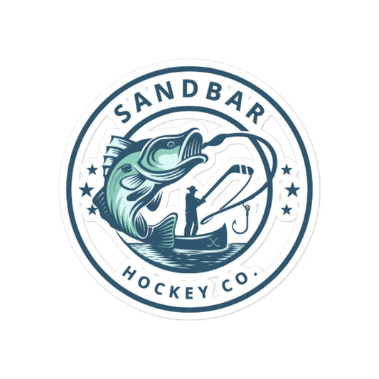 Large Sandbar Hockey Co. fishing sticker with a circular logo featuring a large fish, fisherman in a boat, fishing line, and stars.