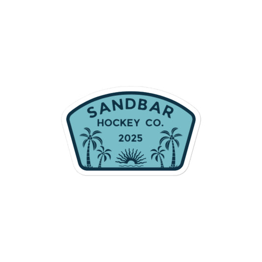 Large Sandbar Hockey Co. 2025 sticker with a teal badge design, palm trees, sunrise, and bold logo text.