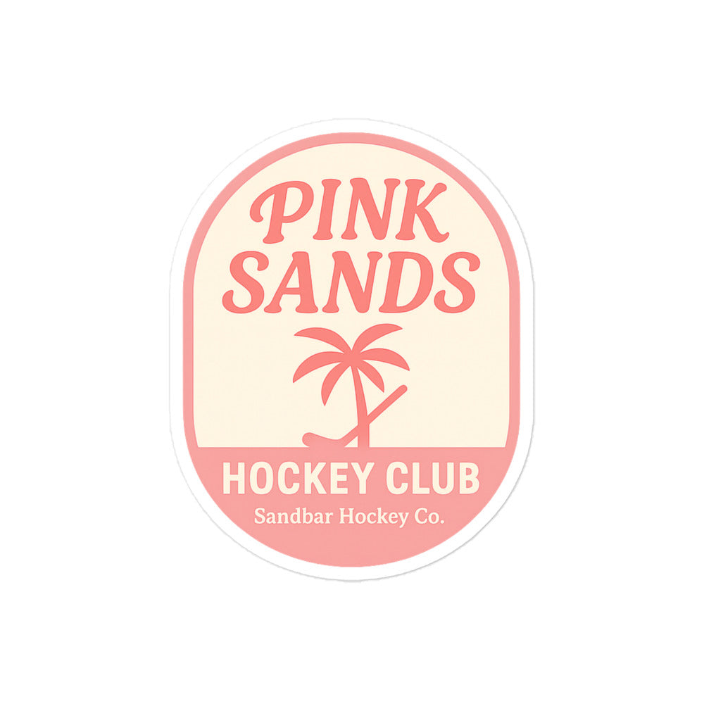 Large Pink Sands Hockey Club sticker with pink lettering, palm tree design, and Sandbar Hockey Co. text.