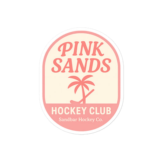 Large Pink Sands Hockey Club sticker with pink lettering, palm tree design, and Sandbar Hockey Co. text.