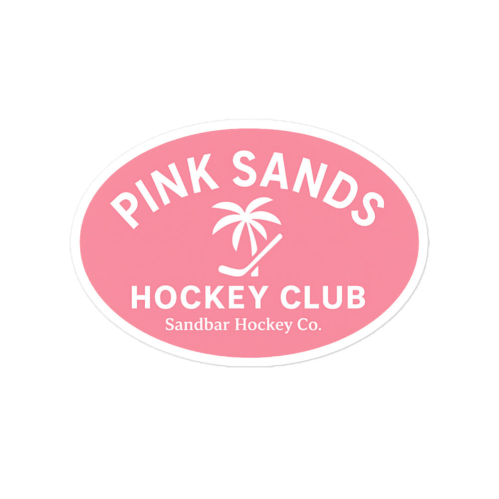 Large Pink Sands Hockey Club sticker with a pink oval logo, white lettering, palm tree, hockey stick, and Sandbar Hockey Co. text.