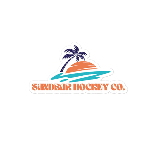 Large Sandbar Hockey Co. sticker with a palm tree, sunset, teal ocean waves, and orange retro-style logo text.
