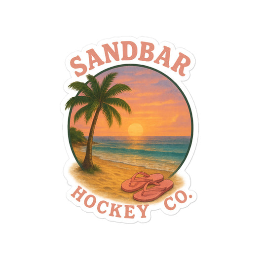 Large Sandbar Hockey Co. sticker with a palm tree, sunset, teal ocean waves, and orange retro-style logo text.