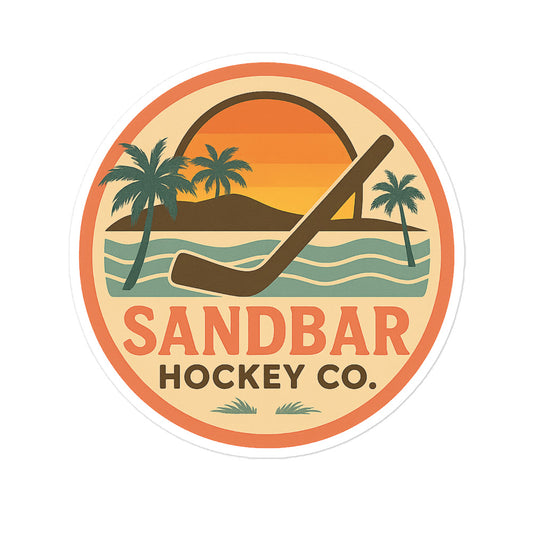 Large Sandbar Hockey Co. sticker with a circular sunset beach design, palm trees, ocean waves, and a large hockey stick.