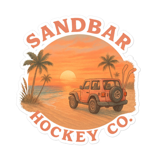 Large Sandbar Hockey Co. sticker with a sunset beach scene, palm trees, ocean, off-road vehicle, surfboards, and curved logo text.