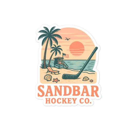 Large Sandbar Hockey Co. sticker with palm trees, beach sunset, lifeguard stand, seashells, ocean water, and a hockey stick in the sand.