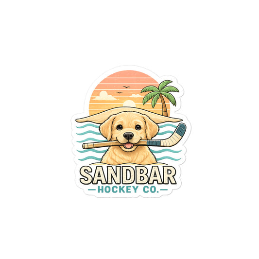 Large Sandbar Hockey puppy sticker featuring a golden lab holding a hockey stick with a beach sunset, palm tree, ocean waves, and Sandbar Hockey Co. lettering.