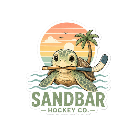 Large Sea turtle hockey sticker featuring a cute turtle holding a hockey stick in front of a retro beach sunset, ocean waves, palm tree, and Sandbar Hockey Co. lettering.