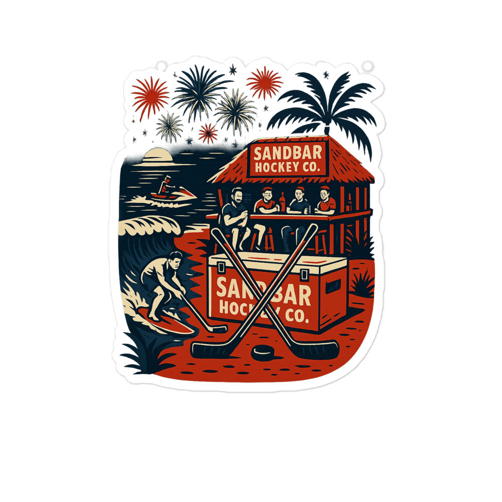 Large Sandbar Hockey Co. sticker featuring a tropical beach bar scene with crossed hockey sticks, a puck, palm trees, fireworks, ocean waves, and coastal details.