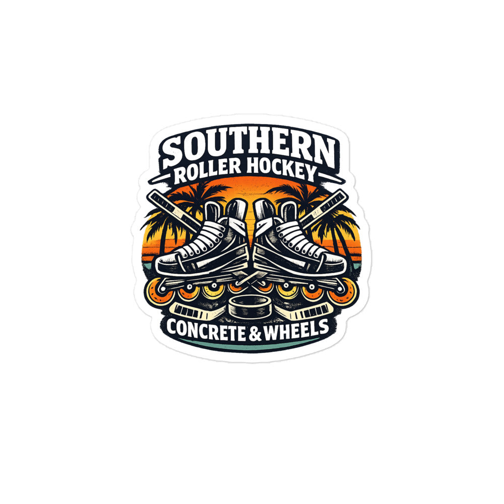 Large Southern Roller Hockey sticker with inline skates, crossed hockey sticks, a puck, palm trees, and a sunset background reading Concrete & Wheels.