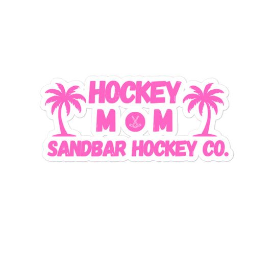 Large Pink Hockey Mom Sandbar Hockey Co. sticker featuring palm trees, hockey-inspired details, and bold coastal-style lettering.