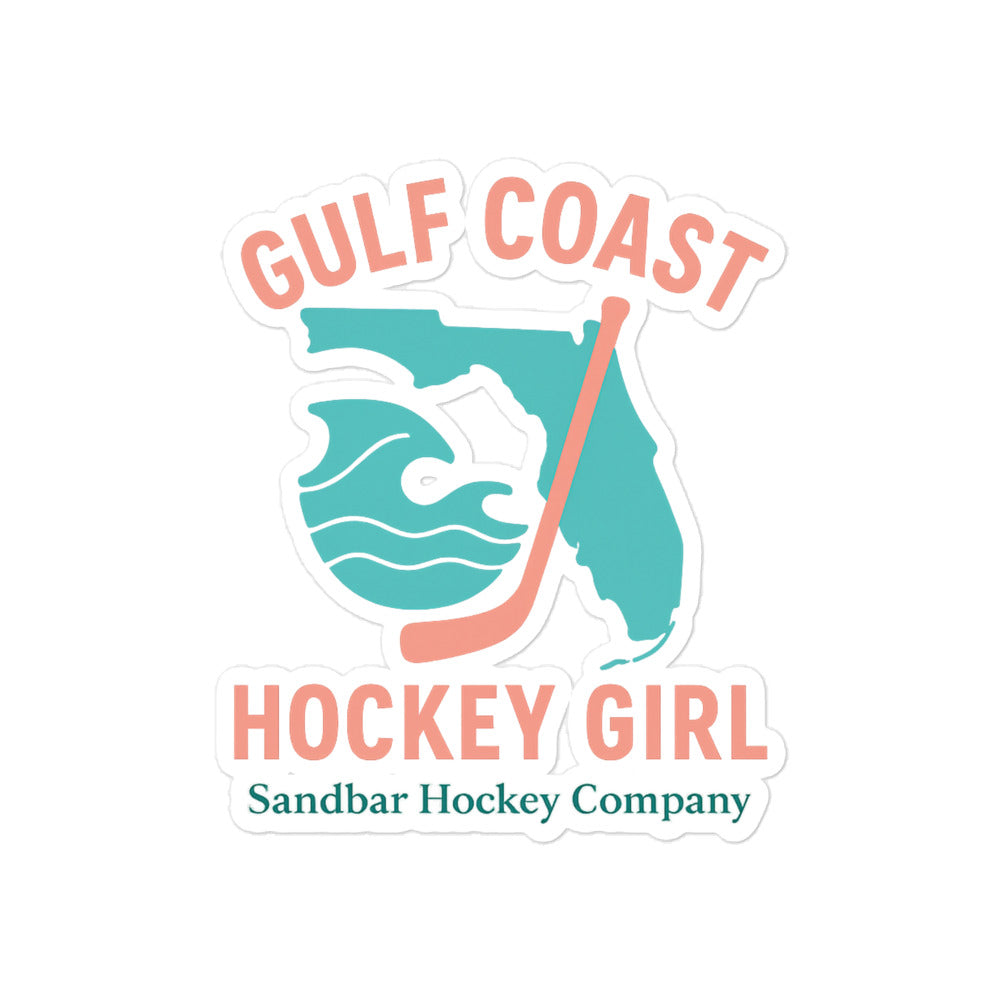 Large Gulf Coast Hockey Girl sticker by Sandbar Hockey Company featuring a Florida shape, wave graphic, and hockey stick in a coastal hockey design.