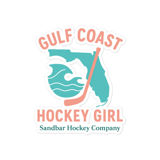 Large Gulf Coast Hockey Girl sticker by Sandbar Hockey Company featuring a Florida shape, wave graphic, and hockey stick in a coastal hockey design.