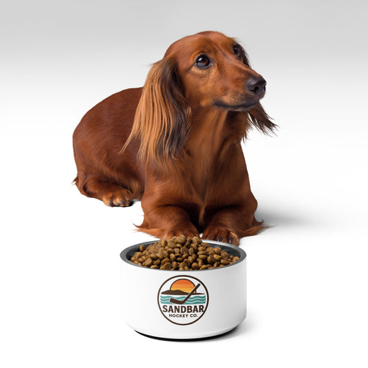 Brown dachshund sitting behind a white Sandbar Hockey Co. dog bowl filled with kibble, front view.