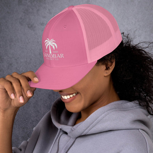 Sandbar Hockey Palm Tree embroidered snapback hat pink angled lifestyle view