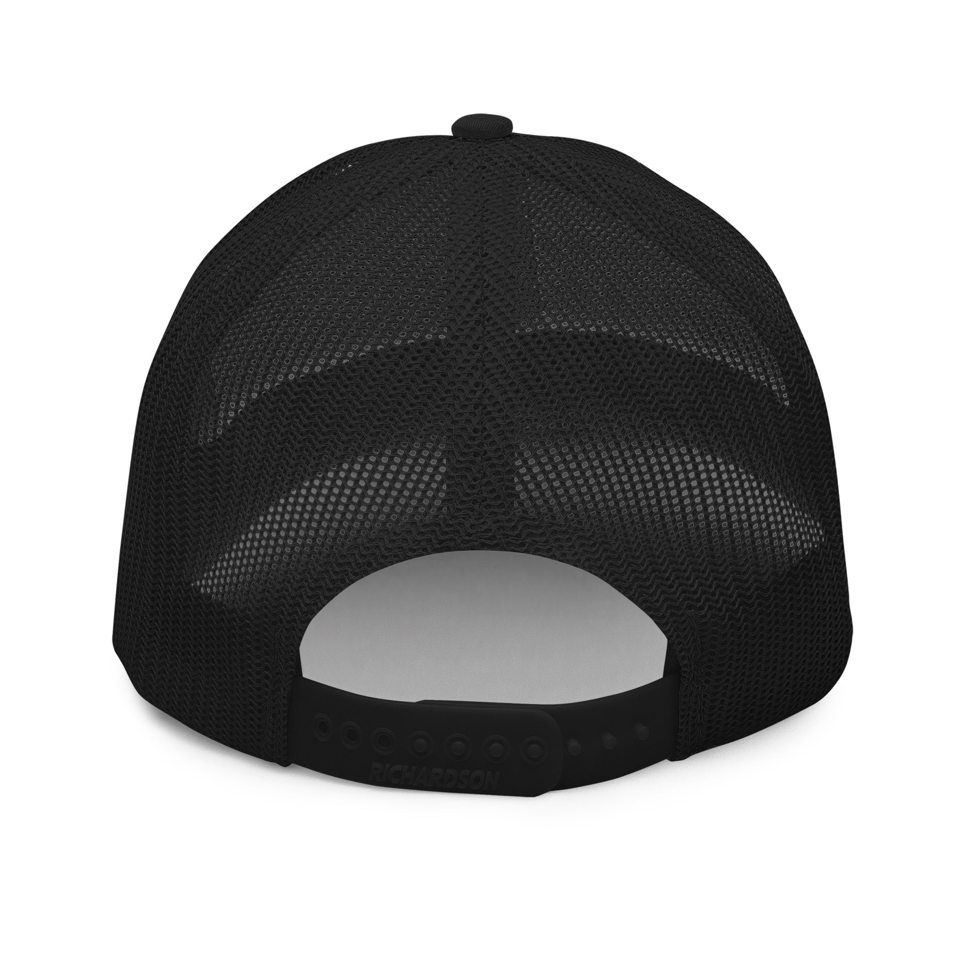Black hockey snapback hat back view showing snapback opening and black rear panels.