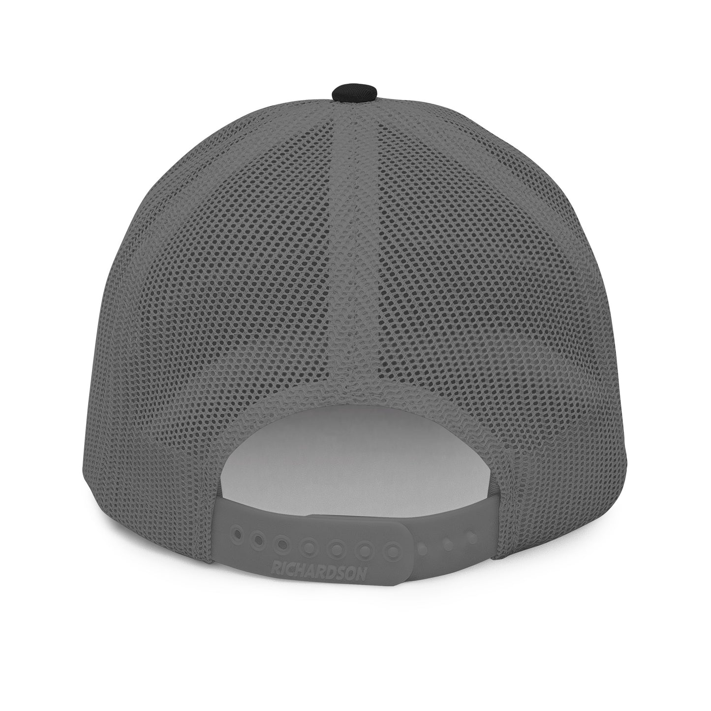 Charcoal gray hockey snapback hat back view showing mesh panels and snapback closure.
