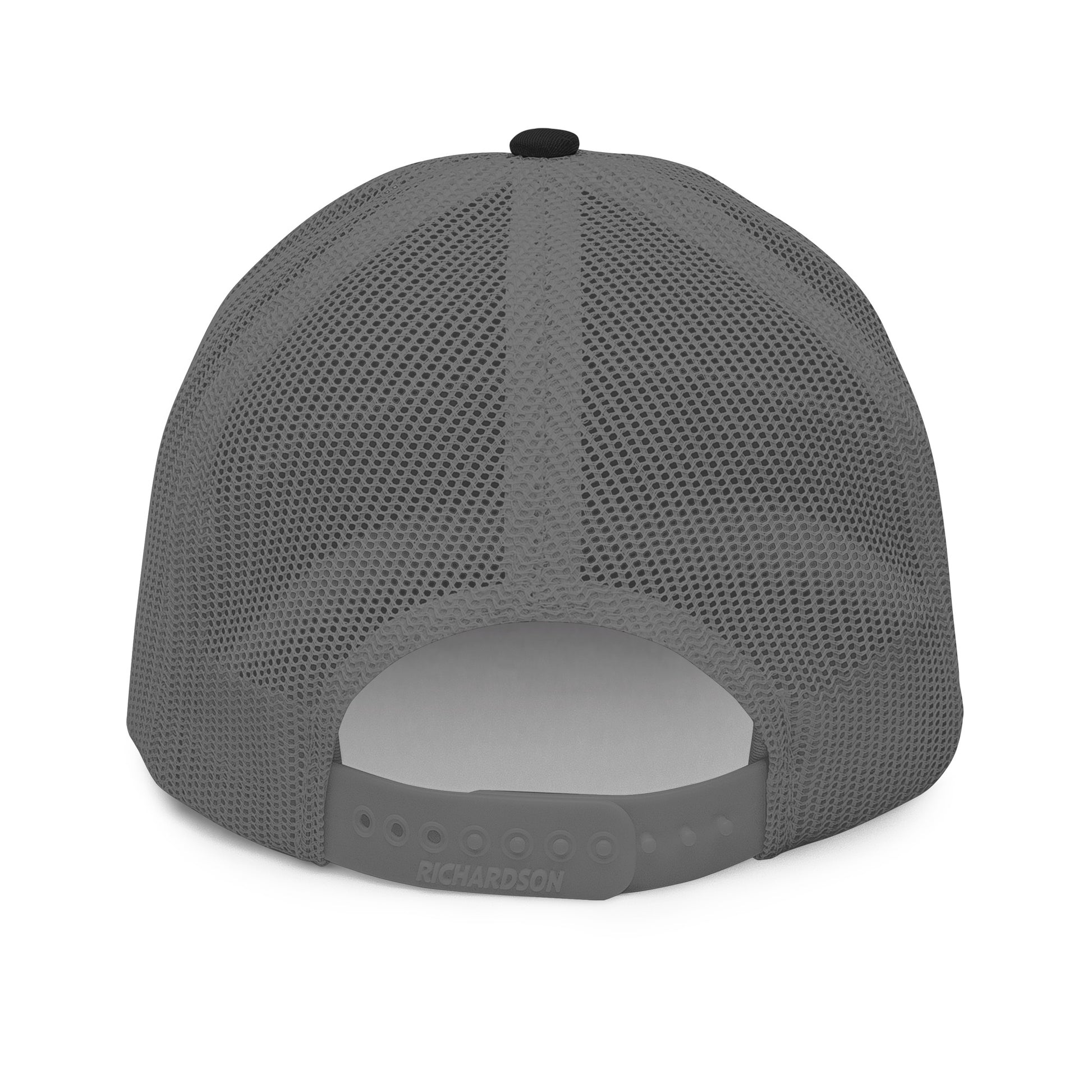 Charcoal gray hockey snapback hat back view showing mesh panels and snapback closure.