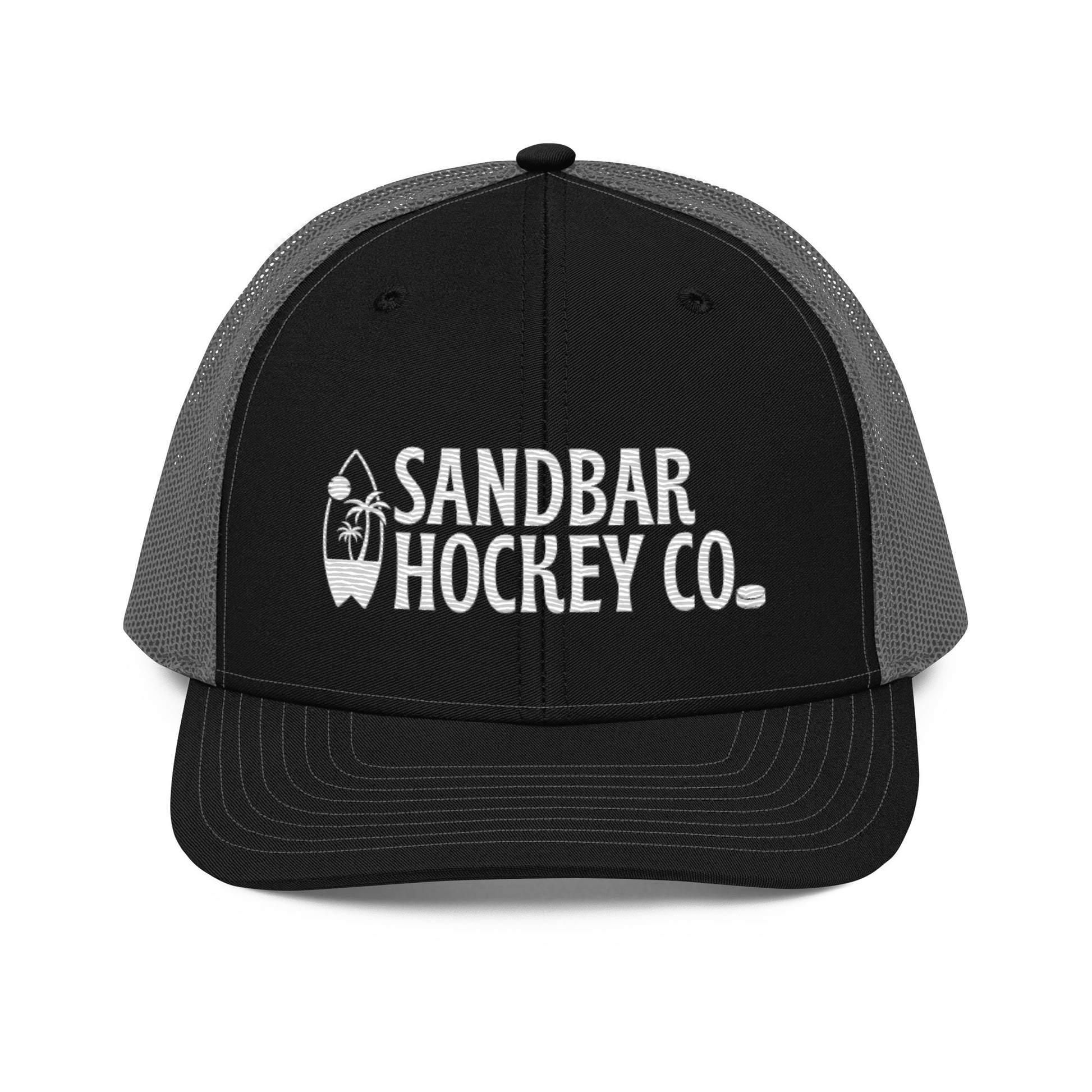Black and charcoal gray hockey snapback hat front view with white Sandbar Hockey Co. logo.