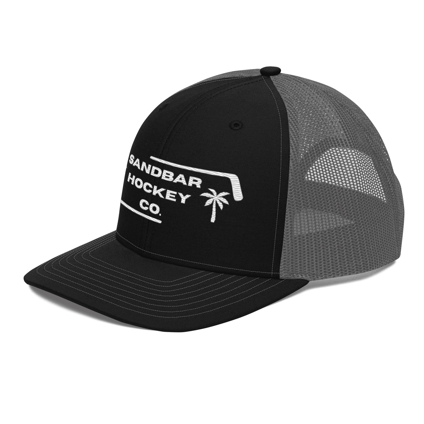 Black and charcoal gray hockey snapback hat left front angle view with gray mesh back and white hockey logo.
