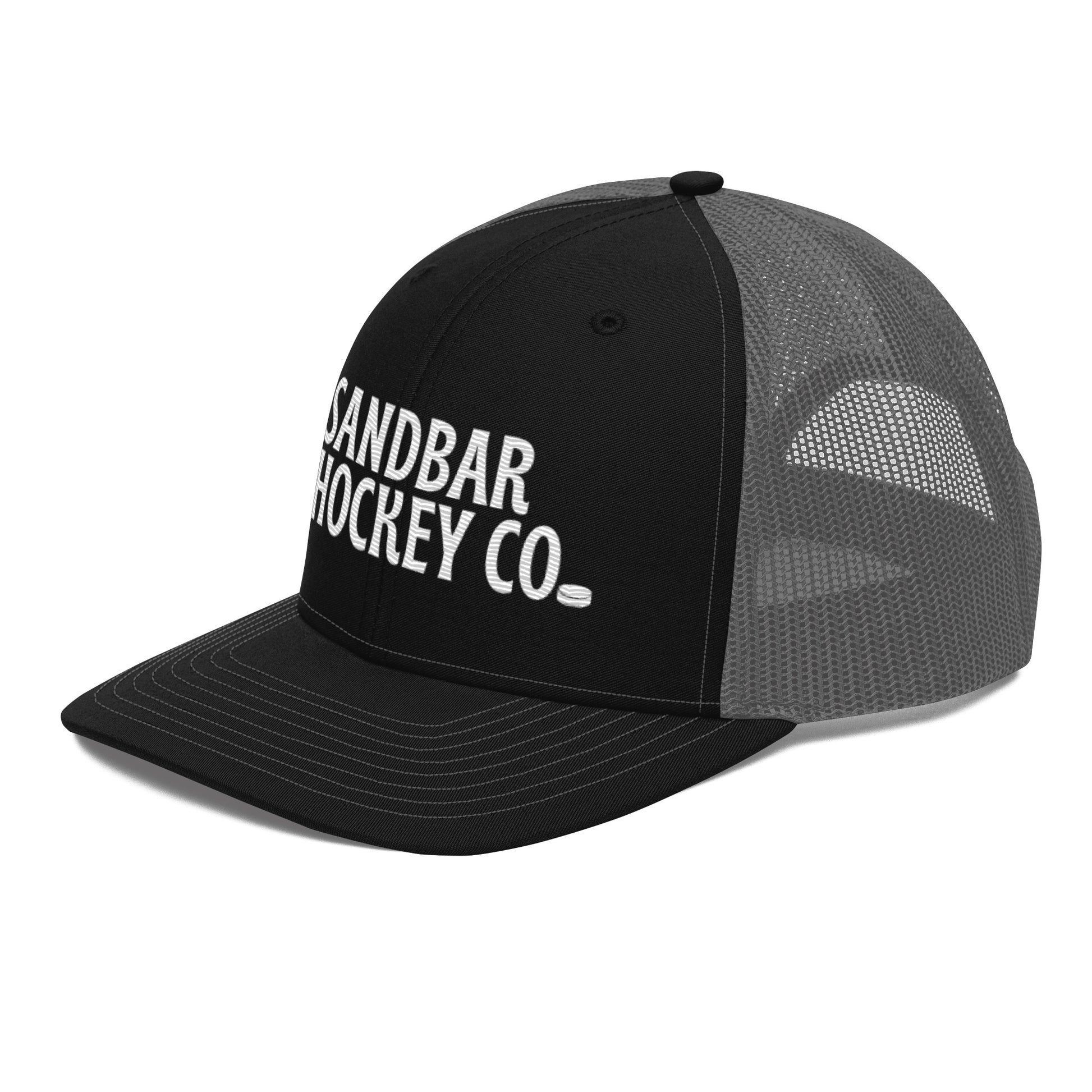 Black and charcoal gray hockey snapback hat left front angle view with gray mesh back and white hockey logo.