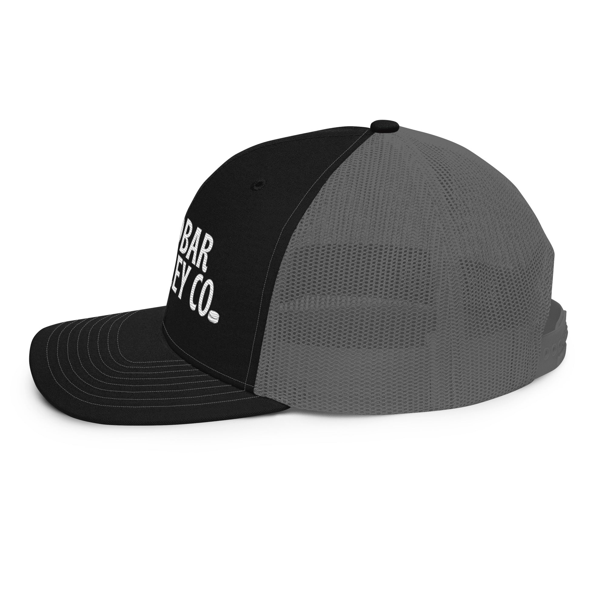 Black and charcoal gray hockey snapback hat left side profile with gray mesh back and flat brim.