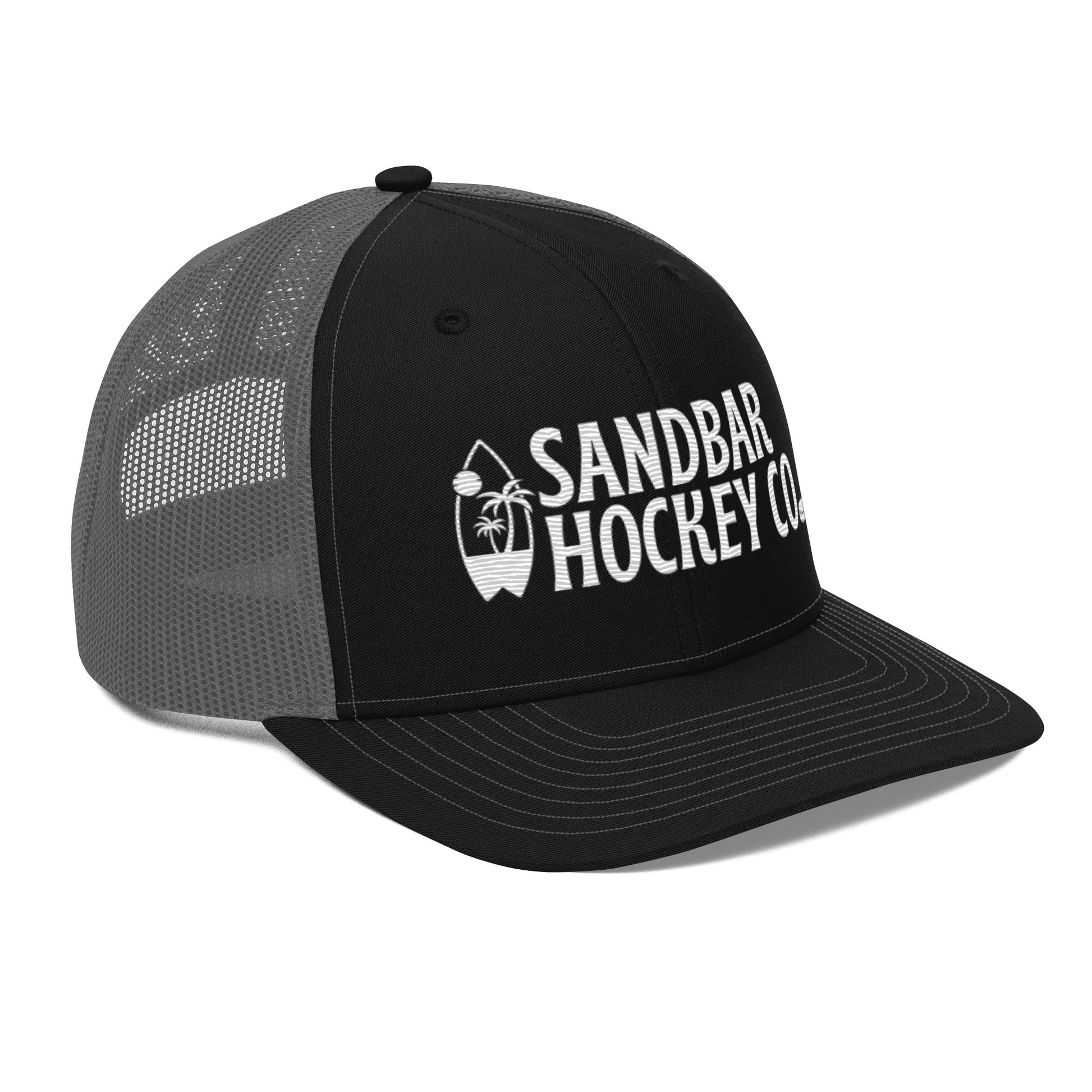 Black and charcoal gray hockey snapback hat right front angle view with white Sandbar Hockey Co. logo.
