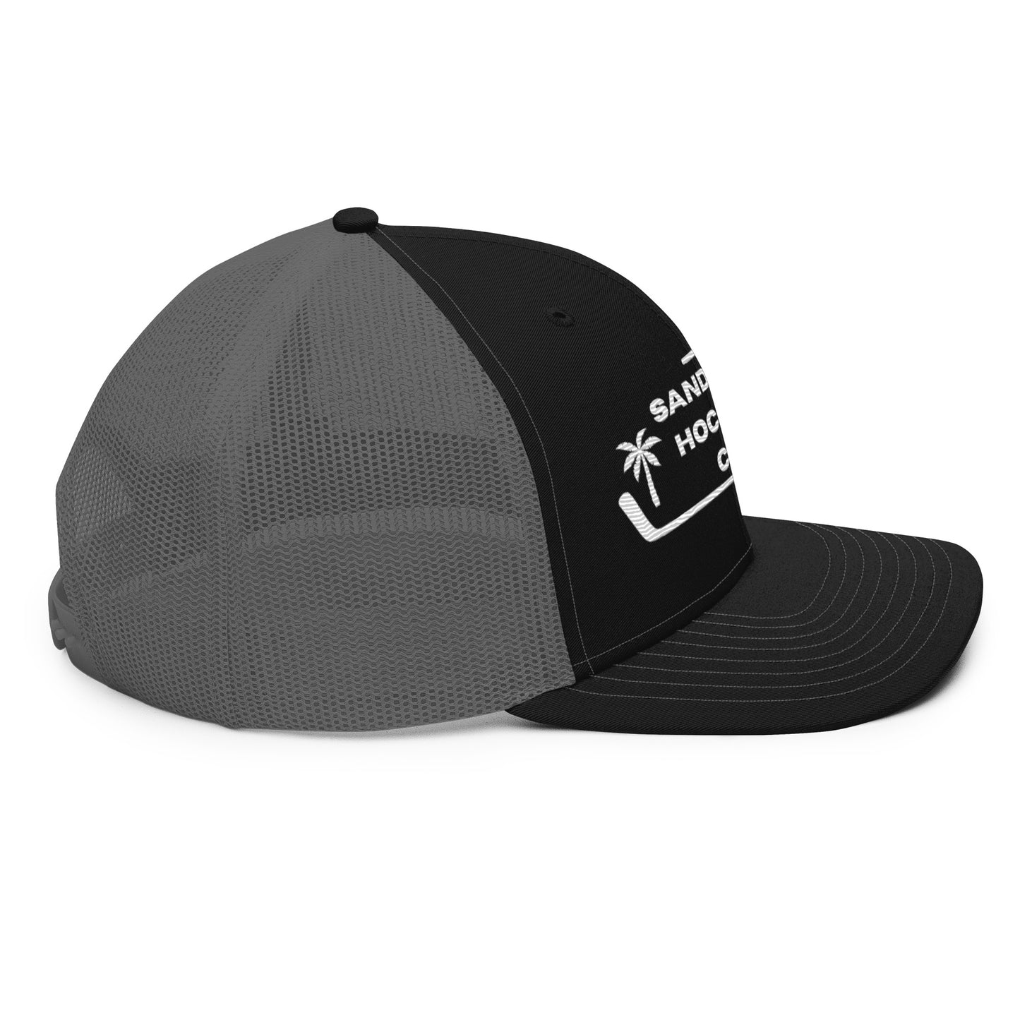 Black and charcoal gray hockey snapback hat rear left angle view with gray mesh back and side logo detail.