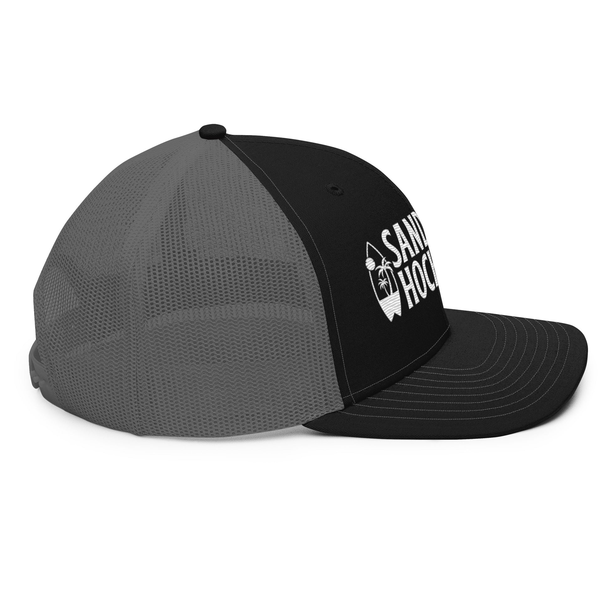 Black and charcoal gray hockey snapback hat rear left angle view with gray mesh back and side logo detail.